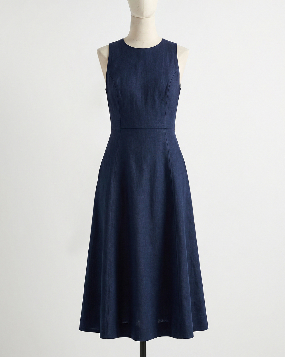 100% European Linen High Neck Midi Dress